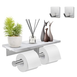 Hronta Toilet Paper Holder with Shelf, Double Toilet Paper Holder Wall Mount and 2PCS Free Adhesive Hooks for Bathroom Washroom, Marble Toilet Paper Holder Brushed Nickel