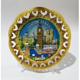 Wood Style Decorative Plate Detailing London Skyline: Big Ben, Tower Bridge and London Eye etc (Medium Cutout)
