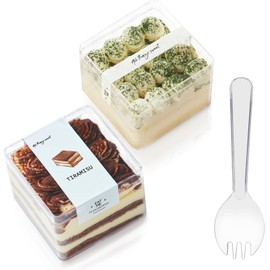Plastic Square Dessert Cups Boxes with Lids and Sporks,packaging for baked,Cookie Tiramisu Containers for Fruit,Pudding,Mousse,Parfait Cups With Lids(20, 12oz 3.3 * 3.3 * 2.5in boxes+Sporks+Stickers)