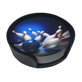 Fun Bowling Ball Sport Coasters for Drinks Round Leather Coaster with Holder Set of 6 for Tabletop Protection Desk Accessories Office Home Room Decor