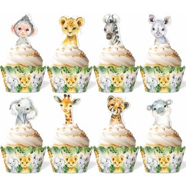 96PCS Jungle Safari Baby Shower Cupcake Toppers and Wrappers Set (48 of each), Safari Animals Cupcake Decorations for Boys Kids, Wild One Themed Birthday Party Supplies for Table Decorations