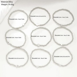 Navirix 9Pcs Gold Stackble Bracelet for Women Multilayer Elastic Strand Beaded Bracelets Set Trendy Adjustable Party Prom Jewelry Accessory (Silver)