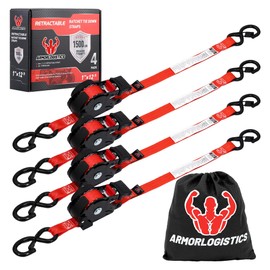 ARMORLOGISTICS Retractable Ratchet Straps 4 Pack, 1 in x 12 FT Auto Ratchet Straps for Motorcycle, Kayak and Trucks, Breaking Strength 1,500LBS/500LBS Working Load Limit Red