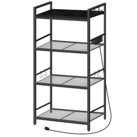 MAHANCRIS Bakers Rack with Power Outlet, Microwave Stand with Hooks, Multifunctional Storage Rack, Coffee Bar with Enclosure, Kitchen Storage Shelf, for Kitchen, Dining Room, Black BRHB40E01