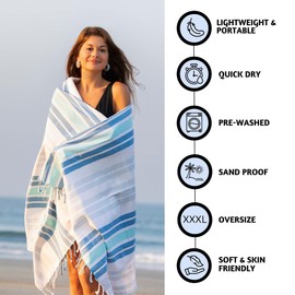 Folkulture Toalla de playa turca para adultos con bolsa de viaje de 40 x 72 pulgadas, manta de playa o toallas de playa de gran tamaño a prueba de arena, 100% algodón de secado rápido, ligera y grande, azul océano