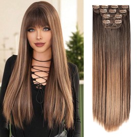 QUEENTAS Long Straight Clip in Hair Extensions for Women Highlight Balayage Golden Brown Hair Extensions Clip In(22inch, 4pcs)