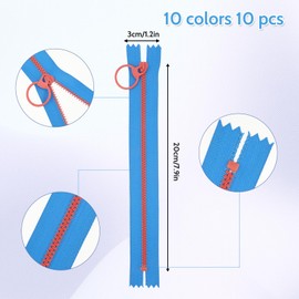 Bewudy 20 Pcs 8inch Zippers for Sewing, Resin Zipper, 10 Color Colourful Zippers with Lifting Ring Quoit, Supplies Zippers for DIY Sewing Craft Tailor Bag Garment
