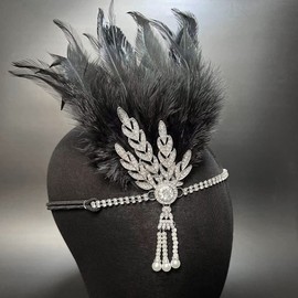 JUSTUSNX Gatsby 1920s Feather Crystal Headband Flapper Headband Pearl Rhinestone Headband Party Supplies for Women Girls (E)