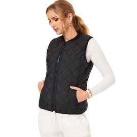 Fuinloth Women's Quilted Vest, Rib Collar Lightweight Zip Padded Gilet Black XXL