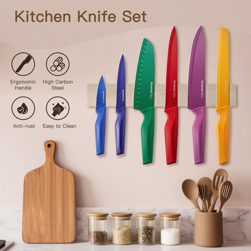 Astercook 6 Piece Color-Coded Kitchen Knife Set, Stainless Steel Chef