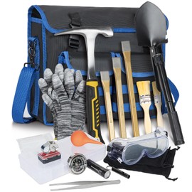 LASUK 40PCS Geology Rock Pick Hammer Kit, Gold Mining & Prospecting Equipment Tool, Hammer, 3 PCS Digging Chisels Set, Shovel, Wooden Chisel, Magnifying Glass, Whistle, Goggles, flocked bags, compass
