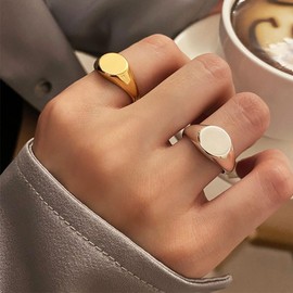 MYNENEY Stainless Steel Round Shape Classical Simple Plain Wedding Engagement Statement Pinky Band Signet Rings for Men Women Size 4-15 (Gold, 7.5)