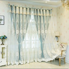 Amidoudou 1 Pair European Double Layer Curtains with Valances for Living Room Bedroom Luxury 3D Flower Embroidered Curtains (Green,52x90 Inch)