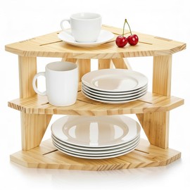 Goaste 3 Tier Cabinet Organizer Shelf, Wood Corner Rack for Kitchen Counter, Space Saving Corner Shelf Organizer for Plates Dishes Bowls Bread, Pantry Bathroom Storage, Home & Housewarming Gift