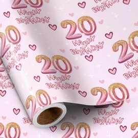 RUSPEPA 20th Girls Wrapping Paper Birthday, Hearts and Pink Number 20 Balloons Happy Birthday Design, 20 Years Old, Mini Roll, 17 Inches x 16.4 Feet, Perfect for Girls' Birthday Party Gifts