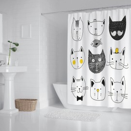 JV Home Cute Cat Shower Curtains with Hooks Decorative Funny Animal Pattern Washable Waterproof Polyester Fabric for Bathroom Accesories Decor Shower Curtain Set Rideau Douche 72x72 inch White Black