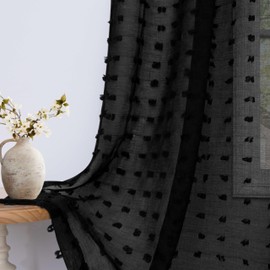 DANCURTON Sheer Black Curtains 96 Inches Long for Living Room 2 Panels Boho Semi Sheer Light Filtering Back Tab Large Window Drapes Pom Pom Tufted Textured Curtain for Bedroom Sliding Glass Door 52x96