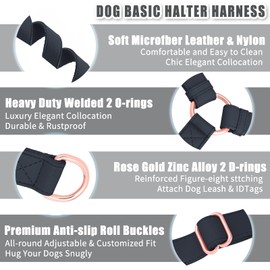 Soft Leather No Pull Dog Harness - Adjustable Step in Dog Harness with Rose Gold Heavy Duty Metal Buckle, Freedom Nylon Dog Halter Vests for Small Medium Large Dogs Easy Walking Training (Black,M)