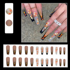 24 Pcs Thanksgiving Press on Nails Autumn Long Coffin Fake Nails Black French Tip False Nails Full Cover Stick on Nails with Maple Leaves Flame Acrylic Nails Fall Manicure Decorations for Women Girls