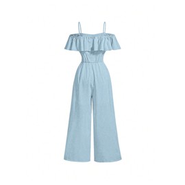 Floerns Girl's Cold Shoulder Ruffle Trim Pants Romper Spaghetti Strap Long Jumpsuit Blue 9Y