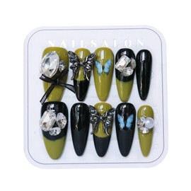 CAMILCY Press on Nails Handmade Nails Luxury Reusable Fake Nails For Girls Short Almond Armor Black Green Diamonds Hand Painted Salon Loveful Design Acrylic Gel UV Finished For Women 3D Nails 10PCS L