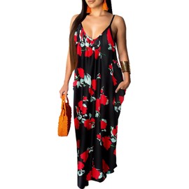 Womens Boho Youthful Long Maxi Dress Floral Geometric Print Spaghetti Strap Deep V Neck Relaxing in Cafes -14 XXX-Large