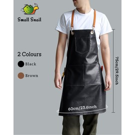 Small snail Retro PU Leather Apron Women Men Pinafore with 5 Pockets Waterproof Cross Back Artist Apron for Pottery Garden Craft Painting Woodworking Hairdressing Cafe