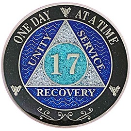 (Years 1-50) 17 Year AA Recovery Silver Color Plated Glitter Medallion, Black Rainbow, Blue, Silver Glitter Coin, Epoxy Covered (AA 17 Year Glitter Medallion)
