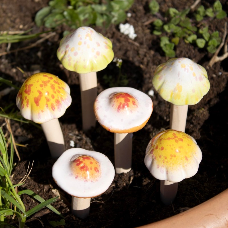Set Of 6 Ceramic Toadstool Stakes Mini Garden Mushroom Pot