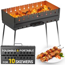 Charcoal Grill for 10 Skewers - Portable BBQ Mangal - Foldable Metal Grill for Shashlik, Kebab, Picnic, Outdoor Cooking (Skewers Not Included)