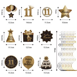 Happy 11th Birthday Hanging Swirls Streams Ceiling Decorations, Celebration 11 Foil Hanging Swirls with Cutouts for 11 Years Old Black and Gold Birthday Party Decorations Supplies