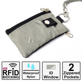 CHENSPRX Minimalist RFID Blocking Small Wallet with ID Window,WaterResistant Zip Id Case Wallet with Lanyard Keychain for Cards,Cash,Travel,Women,Men, GreenOnion+DarkGreen (Grey)