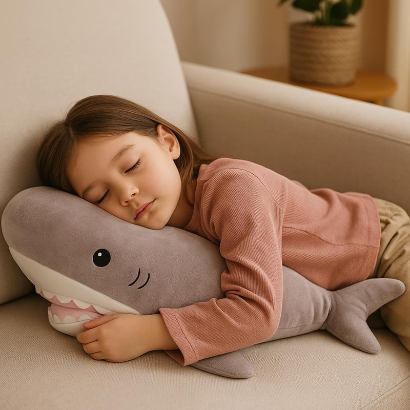 Kawaii Plush Shark Pillow – Soft Gray Shark Stuffed Animal,