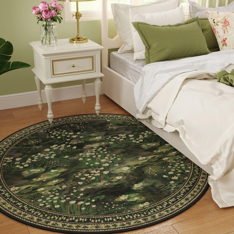 Rugcomf Circle Rug Impressionist-Style Vintage Round Rug 4ft Non Slip