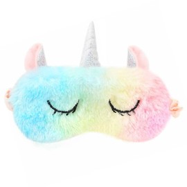 Shinywear Colorful Gradient Unicorn Sleeping Mask Eye Shade Cover Pink Long Plush Blinder Cartoon Animal Silver Horned Travel Eye Patch for Kids Women Adult Funny Gifts