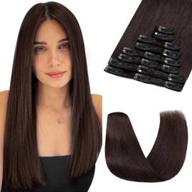 SEGOHAIR 8 PCS Hair Extensions Clip in Real Human Hair, 10 inch Thin Full Head Human Hair Extensions Straight - Darkest Brown(45g)