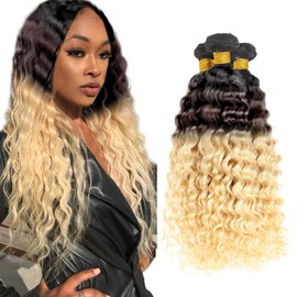 T1B/4/613 Curly Wave Human Hair Bundles 22 Inch 3 Bundles Three Tone Brown and Blonde Kinky Curly Hair 300g Chocolate Brown