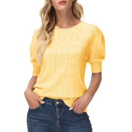 Puff Sleeve Tops for Women Short Sleeve Sweater Summer Lightweight Yellow S