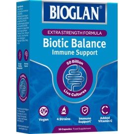 Bioglan Biotic Balance 50 Billion CFU, with Vitamin C for Digestive Health and Immune Support, Super Strength, 4 live strains, fridge free, one month supply - 30 capsules
