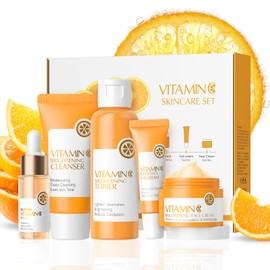 Vitamin C Gesichtspflege Set für Mädchen Frauen, 5-tlg Anti-Aging Skincare Set Inkl. Reiniger, Toner, Gesichtsserum, Gesichtscreme und Augencreme, Routine Hautpflege Geschenkset für Frauen