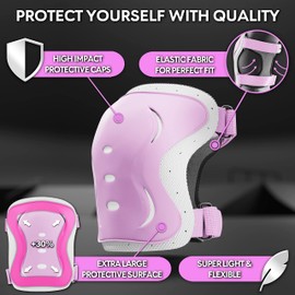 SKATEWIZ - Juego de rodilleras y coderas para niños, tamaño XS de impacto en color rosa y blanco, rodilleras para niños, almohadillas para orejas de patinaje, rodilleras y codos para niños de 6 a 8