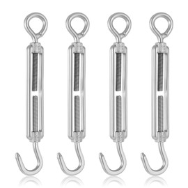 M5 Hook & Eye Turnbuckle, 4-Pack 304 Stainless Steel Turnbuckle Heavy Duty Wire Rope Tension Adjustable Shade Sail Hardware Turnbuckles Wire Tensioner Kit for Metal Cable Wires 3/16 5/16 3/8