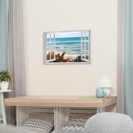 TAR TAR STUDIO Open Window Beach Wall Art: Seaside Flowers Canvas Picture Wave Seascape Artwork Nature Coastal Themed Prints for Living Room Bedroom