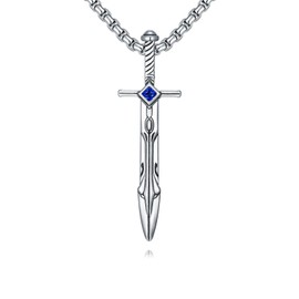 Lattd Sword Necklace 925 Sterling Silver Blue Sapphire Sword Dagger Pendant Jewelry for Men, w/Stainless Steel Chain 22''+2''