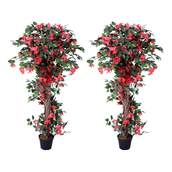 Pair AMERIQUE Gorgeous 5 Feet Blooming Artificial Bougainvillea Tree with Flowers & Real Wood Trunks, with Nursery Pots, Feel Real Technology Red and Green