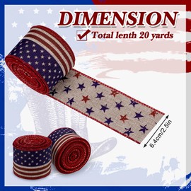 2 Rolls Reversible Rustic Patriotic Wired Edge Ribbon, 20 Yards Stars and Stripes Reversible Ribbons Red White Blue Decorative Ribbon for Memorial Day Bow Wreath Making DIY Crafts