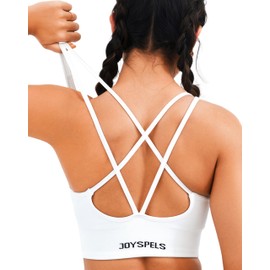 JOYSPELS Women's Sports Bra Seamless Longline 4-Way Stretch Yoga Top with Removable Pads for Gym, Workouts, Running White L