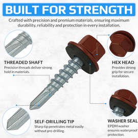 4.8 mm x 35 mm Roofing Bolts, Hex Head Self Drilling Multicoloured (RAL 3011 Brown Red) Screws with Sealed EPDM Washer, Rustproof, Galvanised, Hardened (Pack of 50)