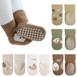 Auranso Baby Socks 5 Pairs Boys Non Slip Grip Socks Kids Girls Cotton Cartoon Animal Pattern Toddler Socks with Grips, Color-G, 1-2 Years