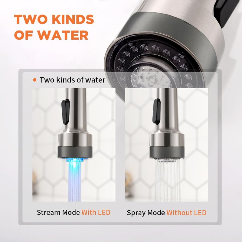 LED Light Kitchen Faucet with Pull Down Sprayer Sus304 Stainless